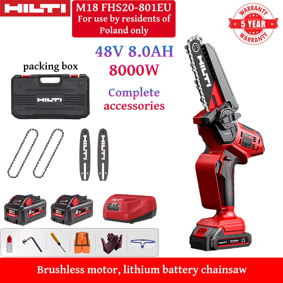 8 hüvelykes szénkefe nélküli lítium-ion láncfűrész, 8000 W teljesítmény, 48 V-os 8,0 Ah-s akkumulátorok*2, töltő, vezetősínek*2, láncok*2, szerszámosláda, kenőanyag és védőszemüveg, öt év garancia