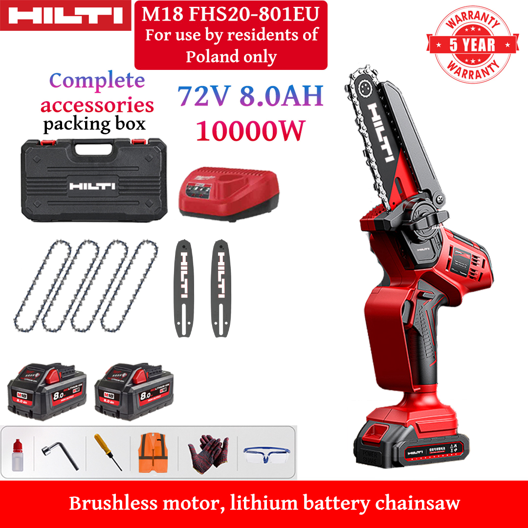 8 hüvelykes szénkefe nélküli lítium-ion elektromos fűrész, 10 000 W teljesítmény, 72 V-os 8,0 Ah-s akkumulátorok * 2, töltő, vezetősínek * 2, láncok * 4, szerszámosláda, kenőanyag és védőszemüveg, öt év garancia