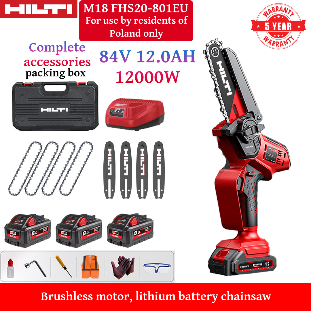 10 hüvelykes szénkefe nélküli lítium-ion elektromos fűrész, 12000 W teljesítmény, 84 V-os 12 Ah-s akkumulátorok*3, töltő, vezetősínek*4, láncok*4, szerszámosláda, kenőanyag és védőszemüveg, 10 év garancia